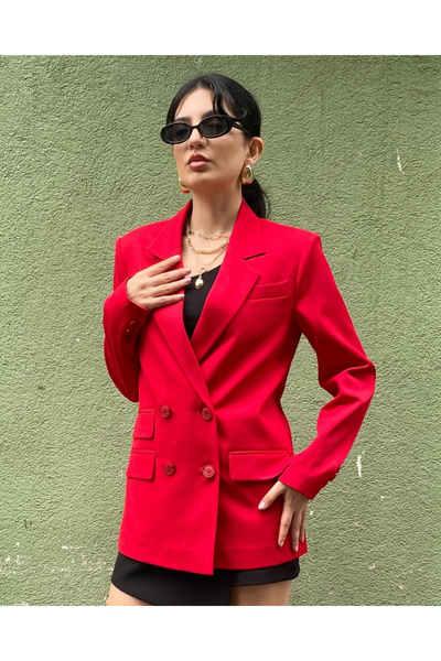 deqfashion Women's Red Double Breasted Button Detailed Oversize Blazer Jacket