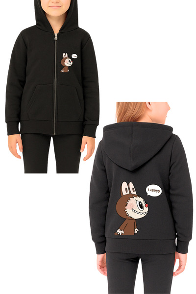 MECH BUTİK Labubu Štampano Djevojčice Sa kapuljačom Crna jakna sa patentnim z...