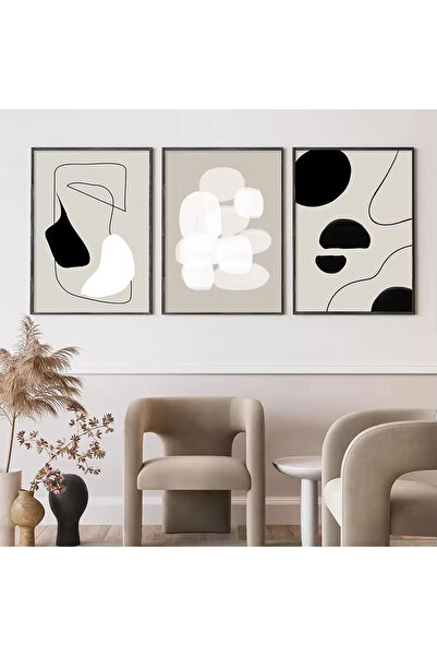 Linacci 3lü Siyah Metal Çerçeve Gri Soyut Gerçek Cam Tablo Seti