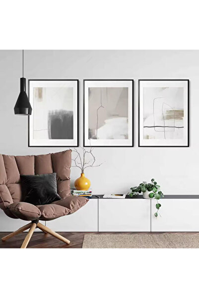 Linacci Set of 3 Black Metal Frame Gray Abstract Real Glass Painting