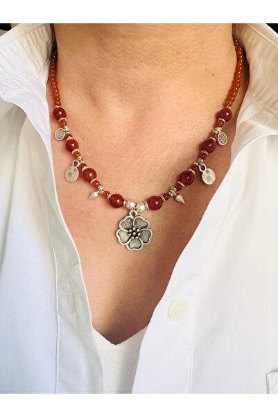 DEVİ fashion Agate Natural Stone Flower Necklace 48 cm