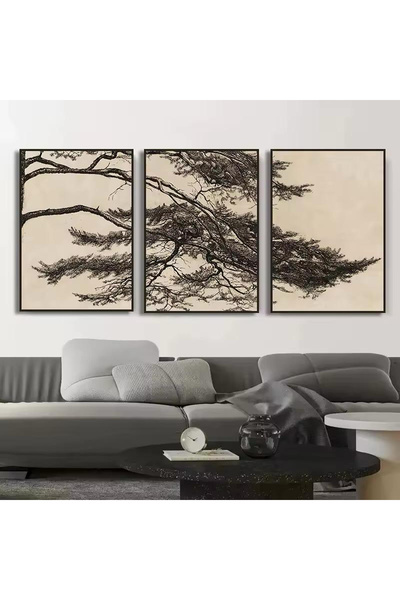 Linacci 3lü Siyah Metal Çerçeve Ağaç Dalı Gerçek Cam Tablo Seti