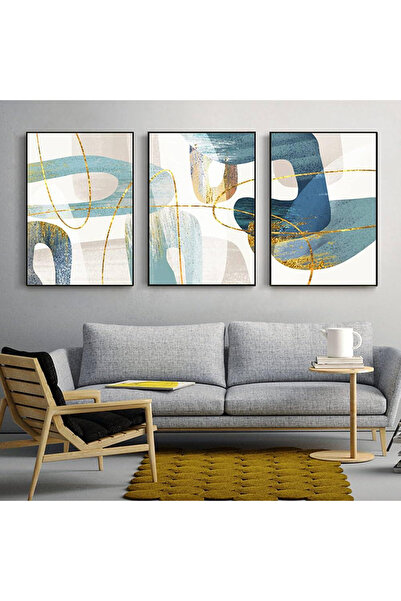 Linacci Set of 3 Black Metal Framed Abstract Blue Real Glass Paintings