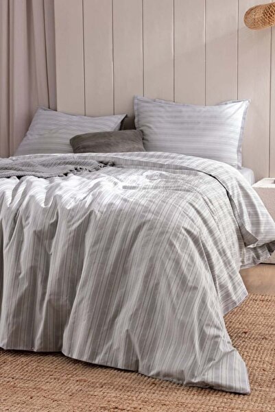 Madame Coco New Season Melicia Double Cotton Striped Satin Duvet Cover Set - Gray - Gray