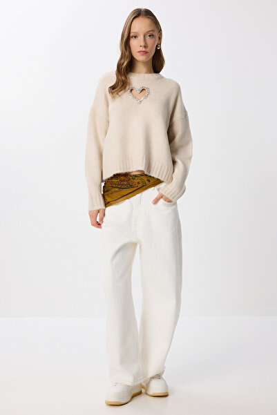 Lovelyİstanbul Stylish Stone Heart Detailed Soft Knit Sweater Lus0073 Stone