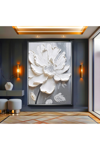 EMYA HOME White Flower Canvas Painting with Silver Metal Frame