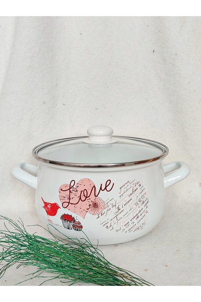 EBRULİEMAYE Love Enamel Deep Pot Large Size 5 Liters 24 cm Diameter Milk Yogurt Soup Jam Canned Paste Pot