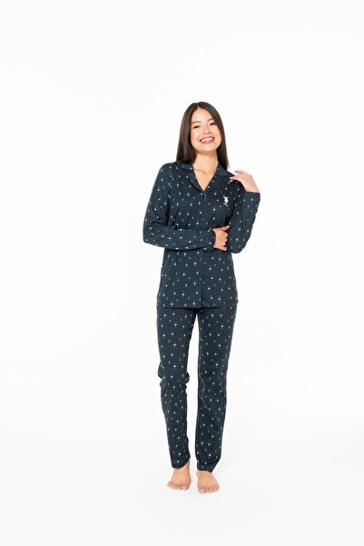 U.S. Polo Assn. New Season Women's Striped Pajama Set with Button Front (Buttoned Front)