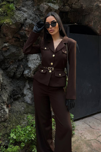 Ortaya Çık Coffee Belt Detailed Jacket Pants Women's Suit