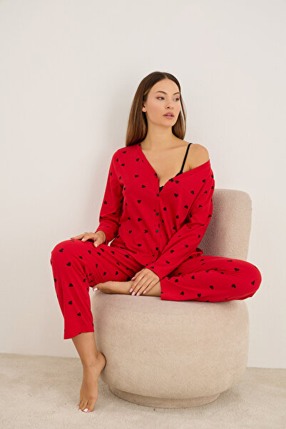 Siyah İnci Red Black Heart Pattern Long Sleeve Button Cardigan Pajama Suit 7935