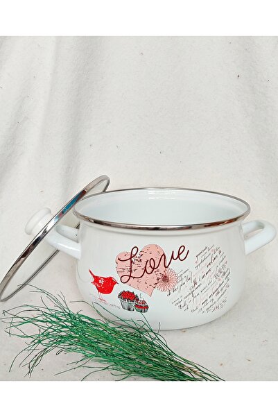 EBRULİEMAYE Love Enamel Deep Pot Large Size 5 Liters 24 cm Diameter Milk Yogurt Soup Jam Canned Paste Pot