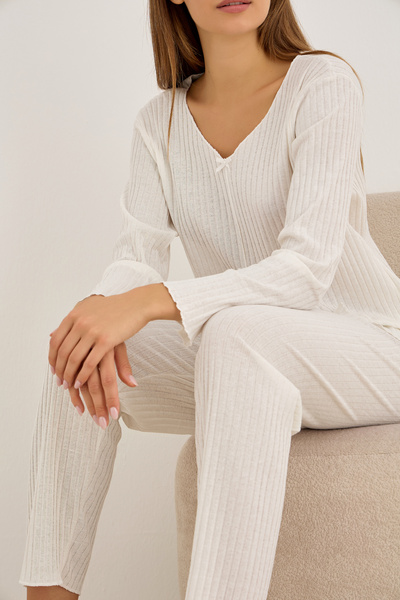 Siyah İnci Ecru Bow-Tie Corduroy Camisole Long Sleeve Pajama Set 7937