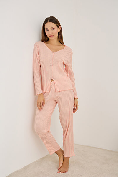 Siyah İnci Set de pijamale cu mâneci lungi, cu fundă de somon, 7937