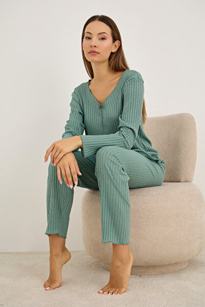 Siyah İnci Green Bow Ribbed Camisole Long Sleeve Pajama Set 7937