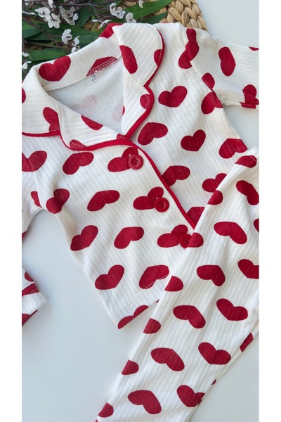 minço bebe Girl's Front Buttoned Cotton Heart Pajama Set