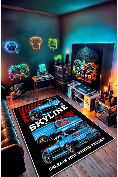 Nissan Skyline R34 Game Room Rug Gamer Room Decorative Anti-Slip Base Washable