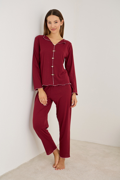 Siyah İnci Set pijama cu mâneci lungi cu accesorii trandafir burgundy 7939