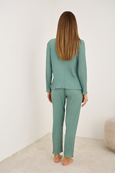 Siyah İnci Green Bow Ribbed Camisole Long Sleeve Pajama Set 7937