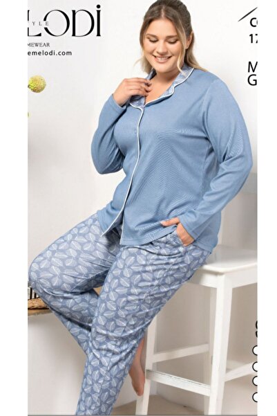 melodi Battal Geniş Beden Esnek Kumaş Önden Düğmeli Uzun Kollu Kadın Pijama Takımı