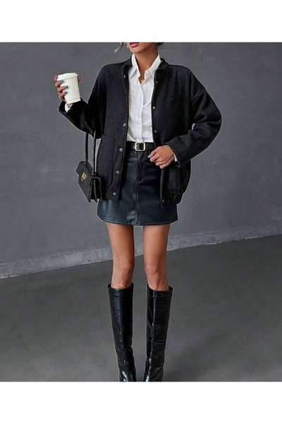 MY QILAM Women's Clothing Black Double Pocket Fence Closure Cashmere Coat Jacket