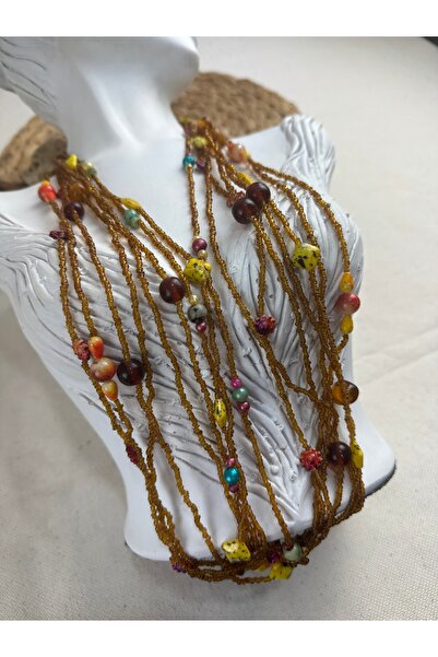 SEDEF TAKI Turuncu uzun Vintage taşlı kolye