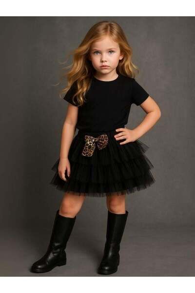 Zekids Fusta tutu cu model leopard pentru fetiță, cu detaliu de fundă