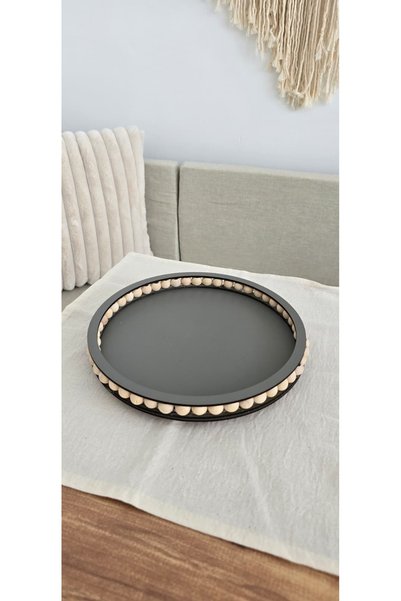 MUJA DEC El Yapımı Ahşap Boncuklu Dekoratif Sunum Tepsisi 25 cm Makyaj Banyo Düzenleyici Gri