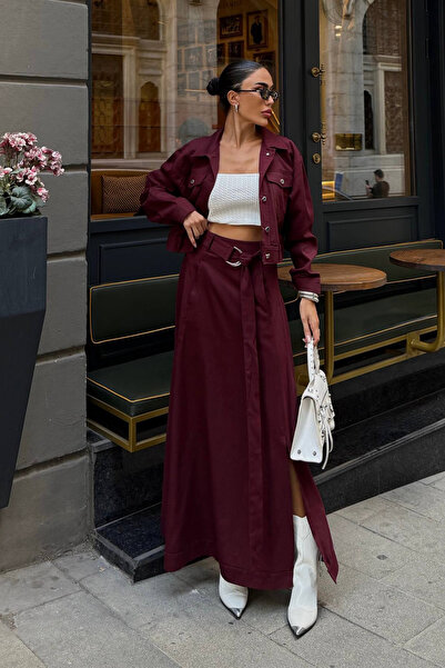 Ortaya Çık Burgundy Design Slit Skirt Jacket Women's Set