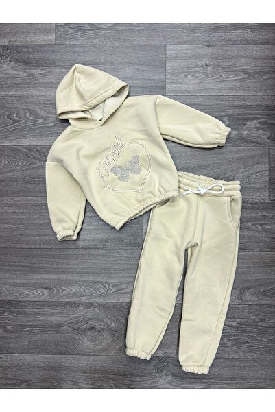 ERDEM KIDS Girls' Winter Embroidered Double-Layered Cotton Hoodie with Three Threads, Pockets, Elastic Waistband and Cuffs, Embroidered Two-Piece Set