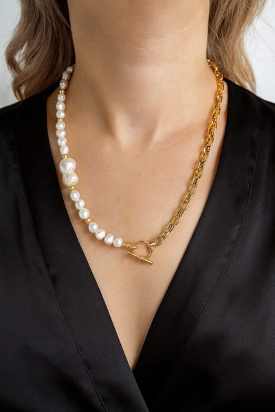 Solare Accessories Gerçek İncili Gold Zincir Modern Tasarım Kolye