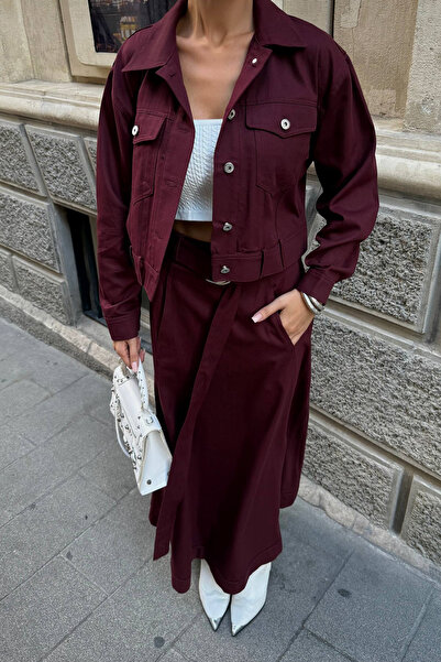 Ortaya Çık Burgundy Design Slit Skirt Jacket Women's Set