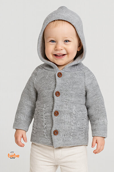 Trend Bebe Butik سترة محبوكة بغطاء للرأس مع أزرار وكرات زينة للأطفال، معطف شت...