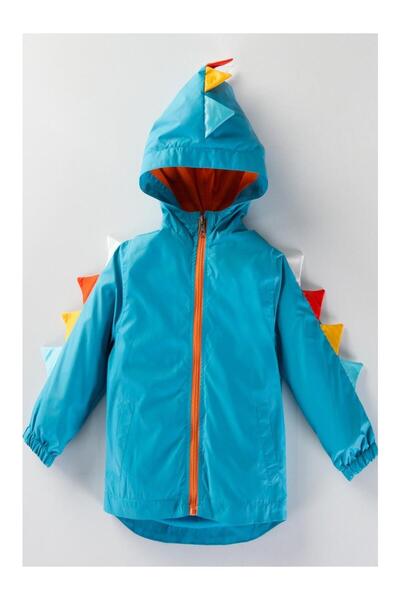 Magu Boy's Blue Dinosaur Patterned Hooded Raincoat Coat