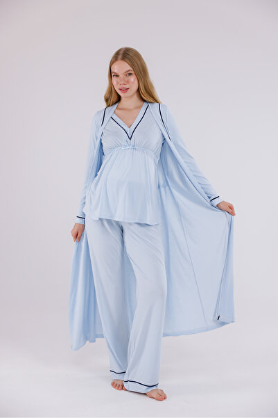 Yulem Homewear Mavi Biyeli Tasarım Pamuklu Uzun Kollu Lohusa Hamile Sabahlıklı 3'lü Pijama Takım Set