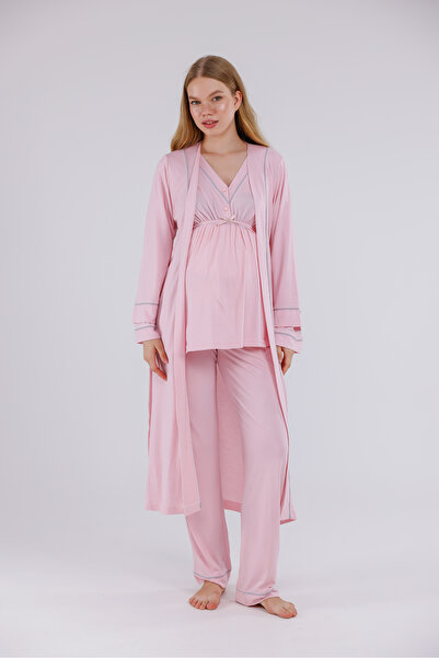 Yulem Homewear طقم بيجامة من 3 قطع بتصميم قطني بأكمام طويلة للحوامل مع روب صباحي