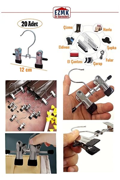 EZMK EV GEREÇLERİ Ayarlanabilir Mandallı, Krom Metal Eşarp Askısı, Şapka Askısı \ 20 Adet \ 12 Cm