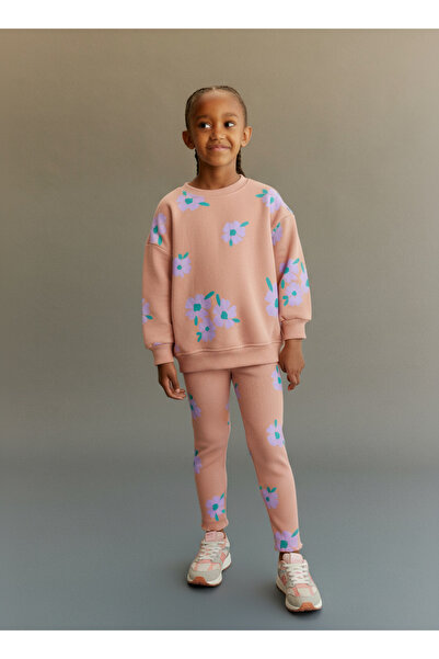 Magu طقم رياضي للفتيات من القطن بنقشة زهور السلمون يتكون من سترة وبنطلون ضيق