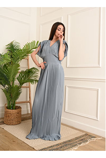 FULLJOY Long chiffon dress with pleated design and wide short sleeves, sky blue
