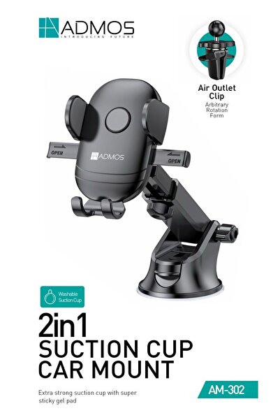 ADMOS AM-302 Car Phone Holder with Suction Cup and 360 Degree Air Vent Clip