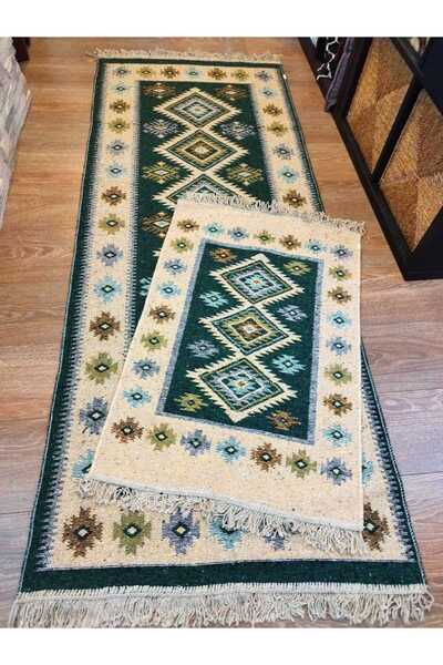 OEM 1+1 set traditional woven rugs, cotton, double-sided, 120x180 cm + 60x90 cm, green and cream, model