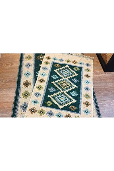 OEM 1+1 set traditional woven rugs, cotton, double-sided, 120x180 cm + 60x90 cm, green and cream, model