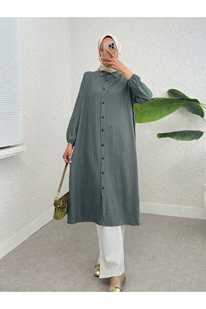 HİJABAYA Μακρύ τσακισμένο τουνίκ με κουμπιά και ελαστικό μανίκι