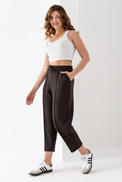 PHANTOM JEANS Women's Brown Elastic Waist Modal Fabric Striped Ankle Pants Soft Textured Stylish Lace-Up Trousers