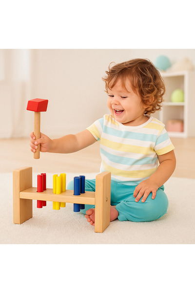 PlayWoods Ahşap Tak-Çak Çekiçli Oyuncak – Eğitici Ahşap Oyun Seti 18 Ay+