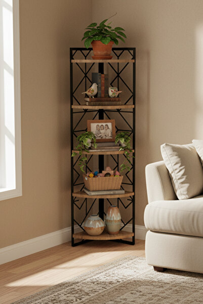 Minart GeoCorner Modern Metal Ahşap Köşe Raf, 150 cm, 5 Raflı Salon Ofis Mutfak Kullanımı.