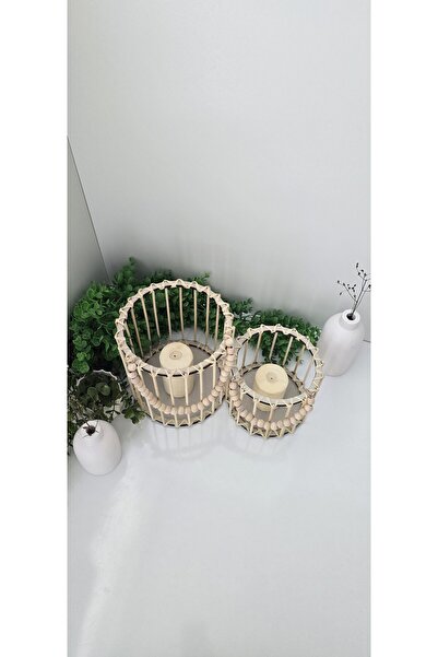 MUJA DEC Doğal El İşçiliği Bambu Fener Sepet,Mumluk,Saksı 2li 25ve15cm