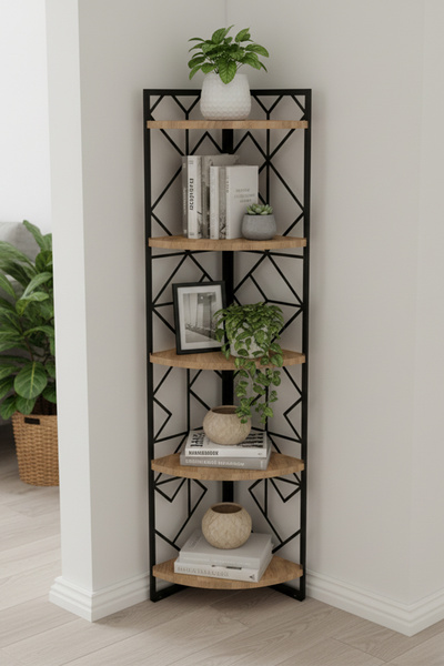 Minart GeoCorner Modern Metal Ahşap Köşe Raf, 150 cm, 5 Raflı Salon Ofis Mutfak Kullanımı.