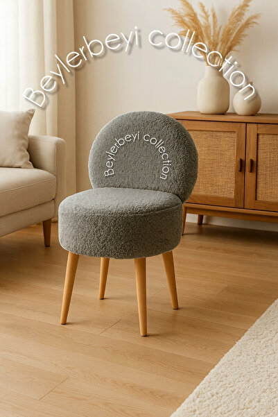 BEYLERBEYİ Makyaj masası pufu, sırtlı puf, gri renkli peluş kumaş, dekoratif puf,