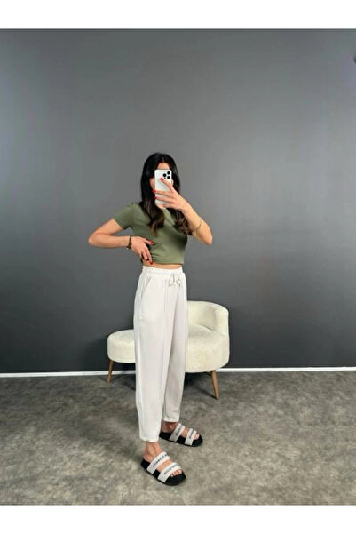PHANTOM JEANS Kadın Beyaz Renk Beli Lastikli Modal Kumaş Çımalı Bilek Pantolon Yumuşak Dokulu Şık Bağcıklı Pantolo