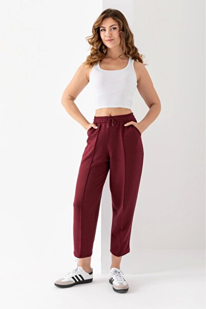 PHANTOM JEANS Women's Burgundy Color Elastic Waist Modal Fabric Striped Ankle Pants Soft Textured Stylish Lace-Up Trousers